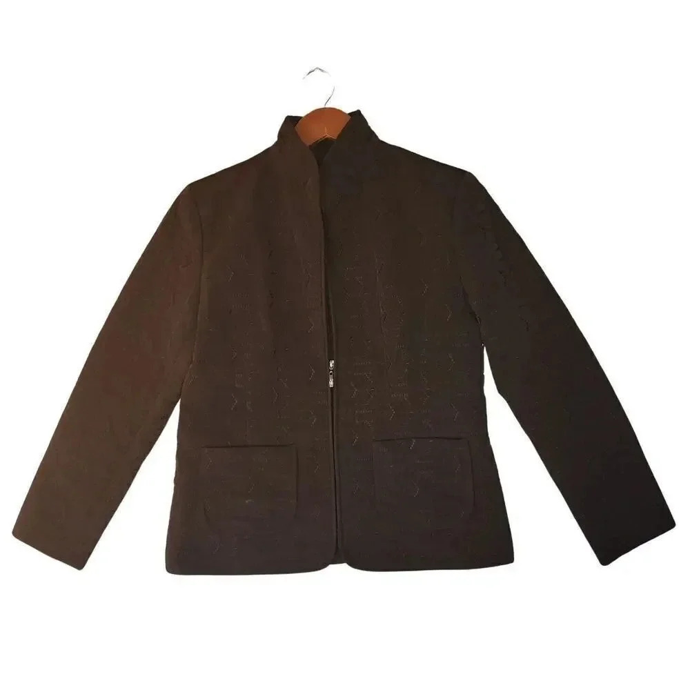 Gallery Zip up Jacket Women Medium Dark Brown Embroidered All Over Long Sleeve